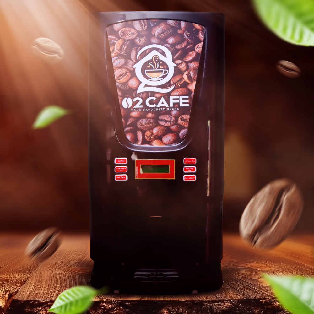 A black O2 Cafe vending machine surrounded by floating coffee beans and green tea leaves on a wooden surface, operating as a premium hot beverage dispenser for commercial use in Sri Lanka