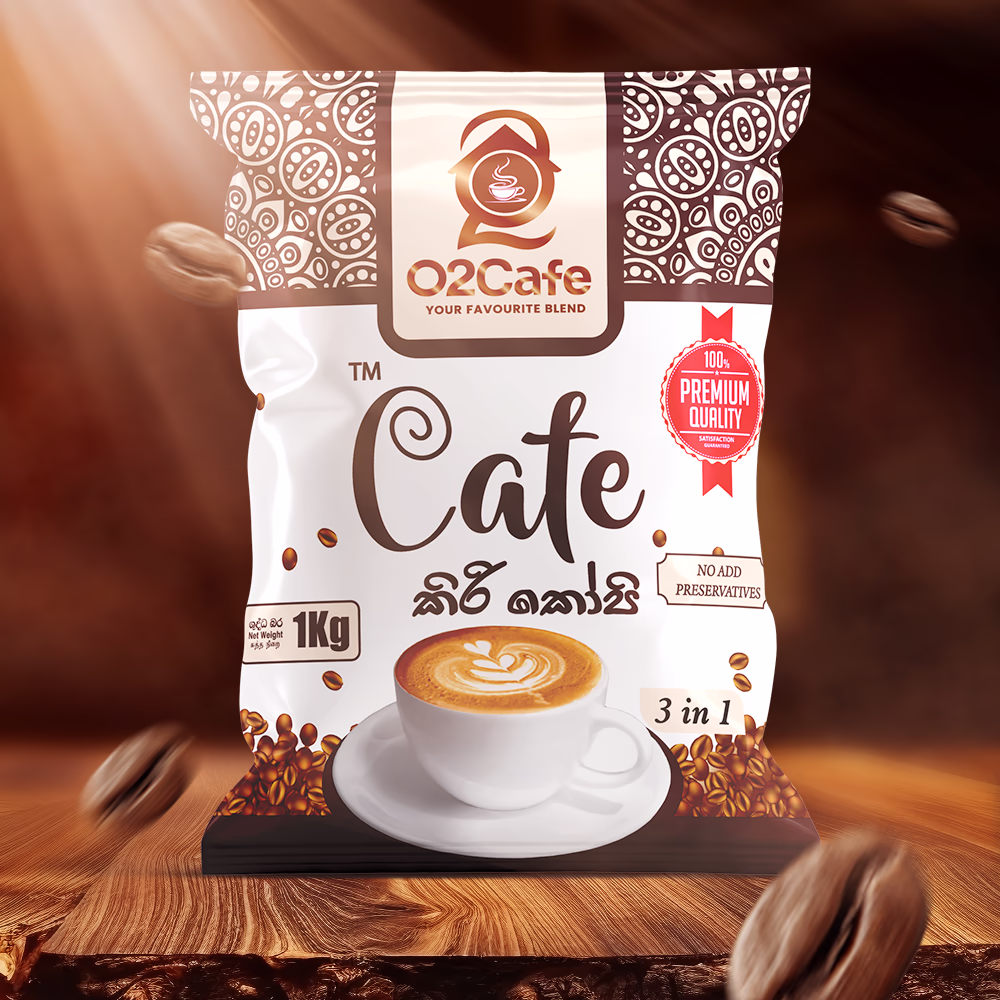 A 1kg commercial packet of O2 Cafe 3-in-1 milk coffee premix resting on a wooden surface with falling roasted coffee beans, available for bulk supply in Sri Lanka