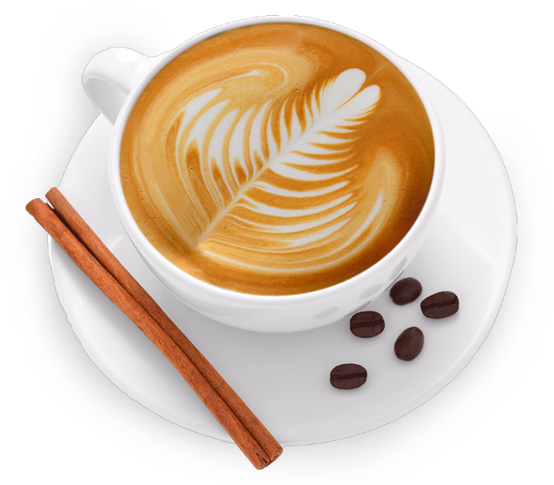 Top-down view of a creamy cup of coffee with leaf latte art, cinnamon sticks, and roasted coffee beans, showcasing the high-quality output of O2 Cafe milk coffee premixes in Sri Lanka
