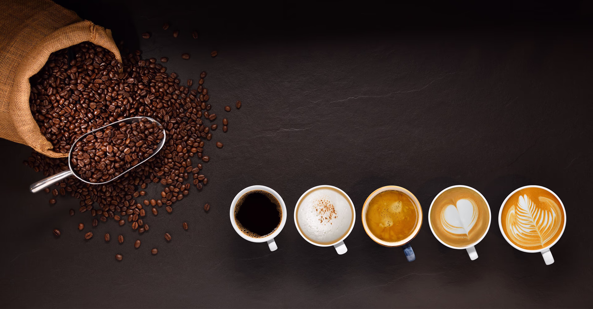 A burlap sack spilling roasted coffee beans alongside a variety of five café-style drinks, representing O2 Cafe's premium tea and coffee premixes and wholesale beverage solutions in Sri Lanka