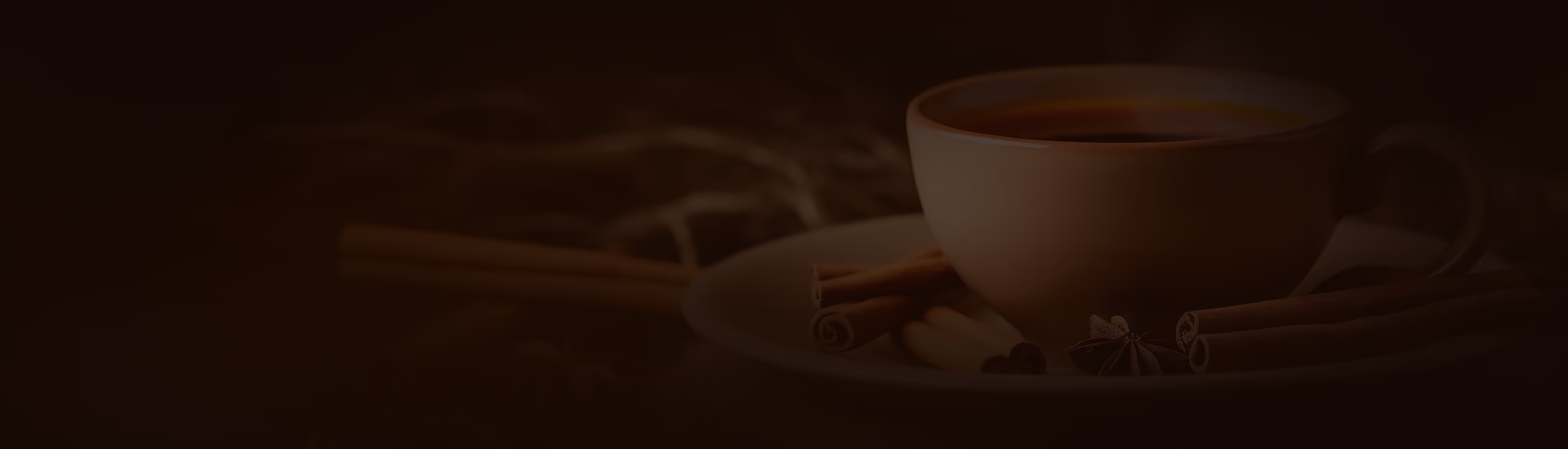 A dark, moody website banner featuring a warm cup resting on a saucer with cinnamon sticks and star anise, capturing the rich flavor of O2 Cafe premium tea and coffee premixes in Sri Lanka